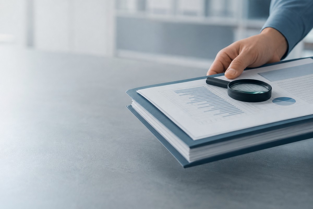 Onderzoeksdossier met grafieken en een loep